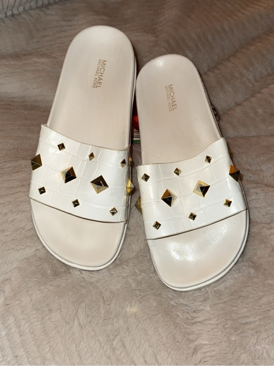 MICHAEL Michael Kors Shoes - Michael Kors White Slide Sandals with Gold Pyramid Studs